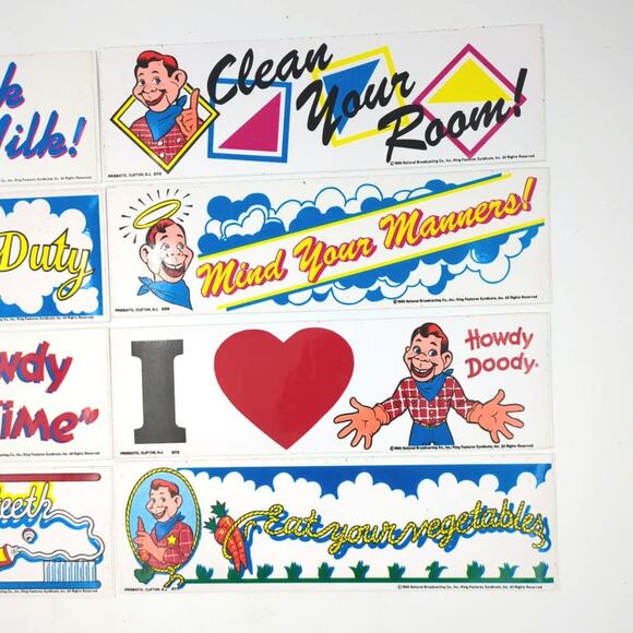 8 Vintage Howdy Doody Bumper Sticker Lot 1988 Clean Your Room Drink Milk Duty - Picture 3 of 4